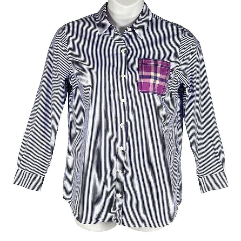 Vineyard Vines Womens 8 Relaxed Fit Purple Striped Button Up Shirt Plaid Pocket